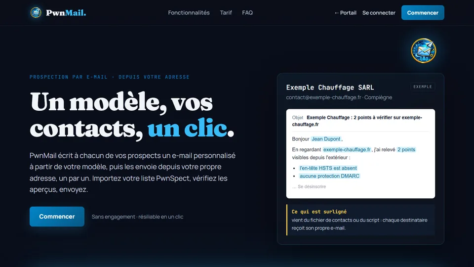 Page d'accueil de PwnMail : « Un modèle, vos contacts, un clic. » et un exemple d'e-mail personnalisé pour un prospect.