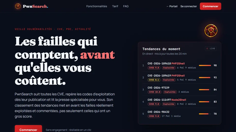 Page d'accueil de PwnSearch : « Les failles qui comptent, avant qu'elles vous coûtent. » et le classement en direct des vulnérabilités les plus discutées.