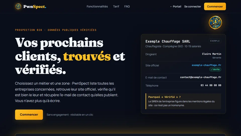 Page d'accueil de PwnSpect : « Vos prochains clients, trouvés et vérifiés. » et la fiche d'exemple d'un chauffagiste avec son site vérifié et son e-mail de contact.