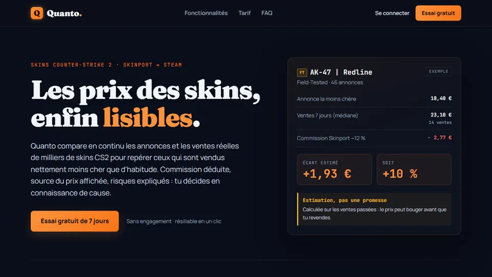 Page d'accueil de Quanto : « Les prix des skins, enfin lisibles. » et l'exemple d'un AK-47 vendu sous son prix habituel.